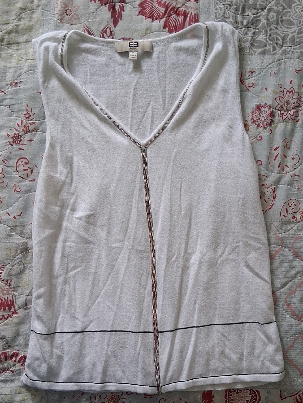 Etcetera White V-Neck Tank with Metallic Trim